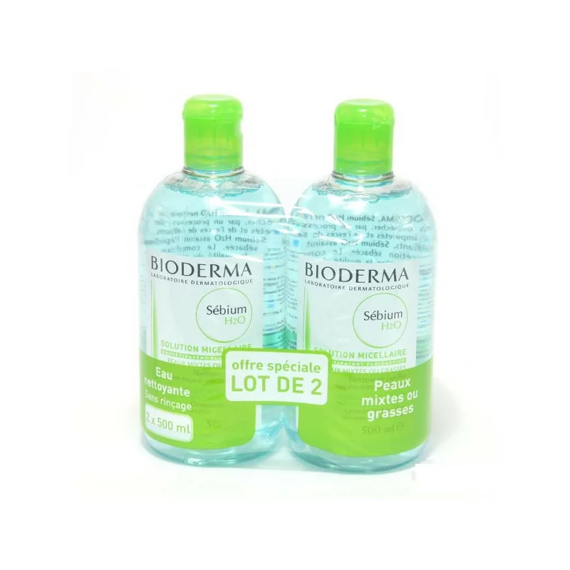 BIODERMA SEBIUM H2O - Eau Micellaire Nettoyante et Purifiante - Visage - Peaux Mixtes à Grasses, 2x500ml