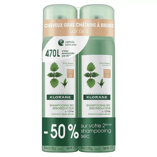 Klorane Shampooing Sec Séboréducteur à l'Ortie Cheveux Bruns 2x150ml