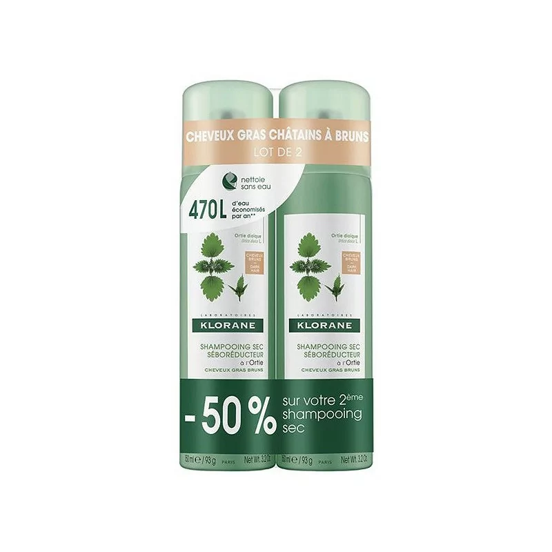 Klorane Shampooing Sec Séboréducteur à l'Ortie Cheveux Bruns 2x150ml