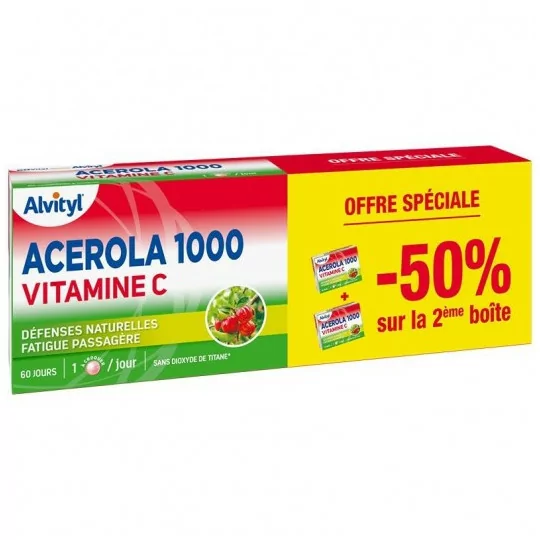 Alvityl Comprimés Acerola 1000 - Lot de 2 - Acerola - Vitamine C - 2x30 Comprimés - 1/Jour