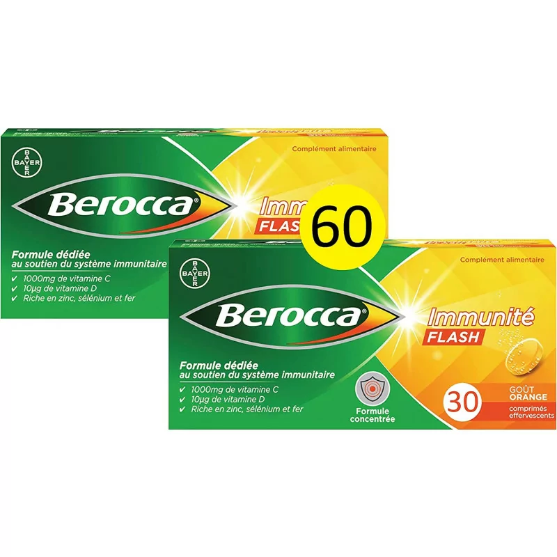 Berocca Immunité Flash Comprimés Effervescents, Vitamine C, B6, B9, B12, D, Zinc, Sélénium, Goût Orange, 2 Pack de 30 comprim