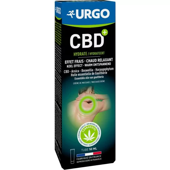 Urgo - Crème Hydratante CBD+ - Effet Chaud/Froid - Crème de Massage 98% d'Origine Naturelle - Dès 7 ans - Tube 50 ML