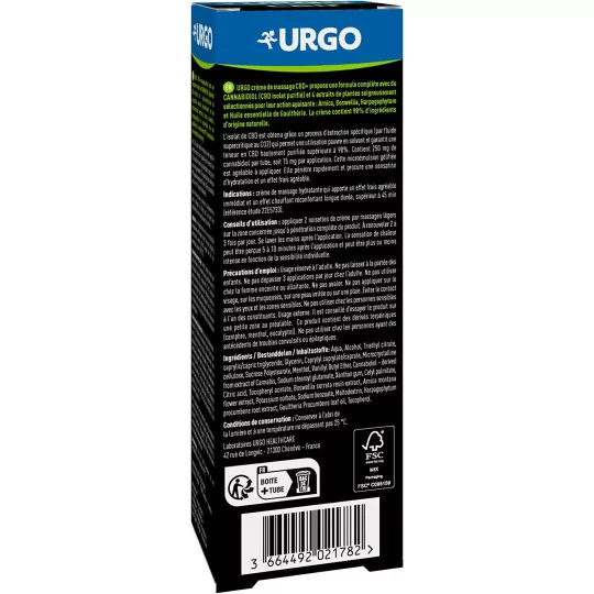 Urgo - Crème Hydratante CBD+ - Effet Chaud/Froid - Crème de Massage 98% d'Origine Naturelle - Dès 7 ans - Tube 50 ML