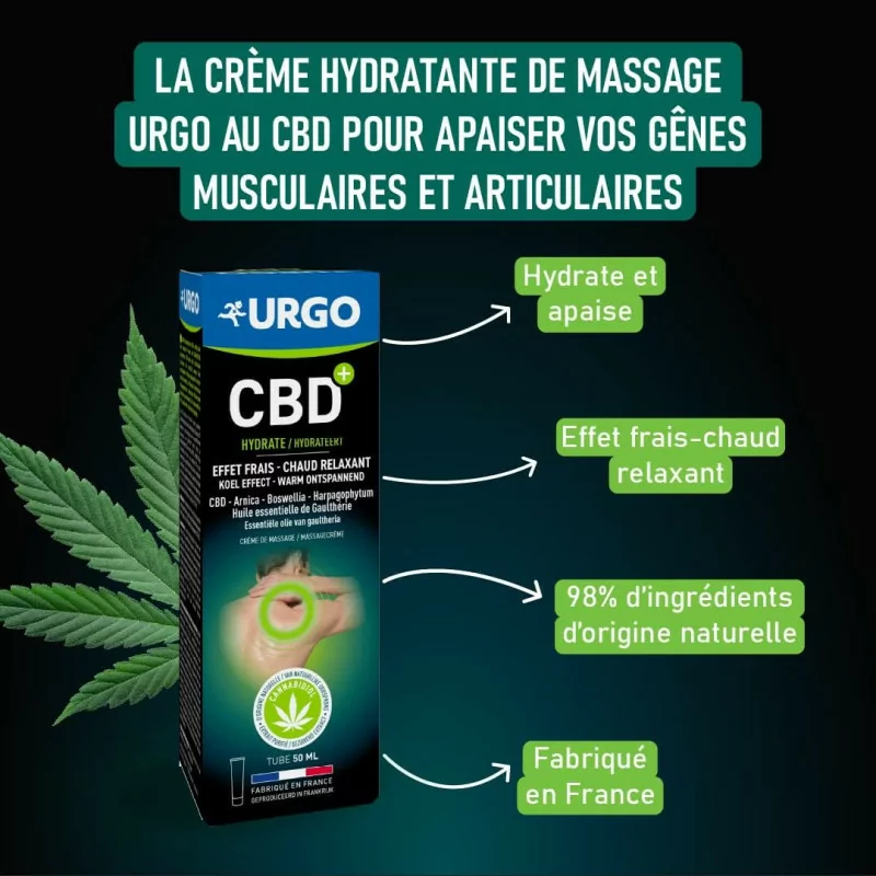 Urgo - Crème Hydratante CBD+ - Effet Chaud/Froid - Crème de Massage 98% d'Origine Naturelle - Dès 7 ans - Tube 50 ML