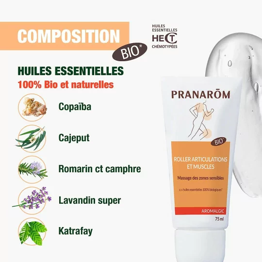 PRANARÔM - Aromalgic - Roller "Articulations & Muscles" - À Base d'Huiles Essentielles Bio HECT 75mL