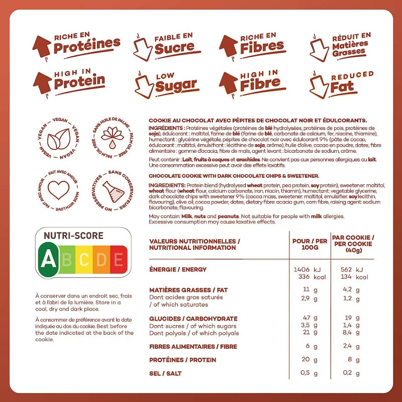 So Shape, Cookies Double Choco, 8g de protéines par cookie, Faible en sucre et en matières grasses, 12 Cookies de 40g