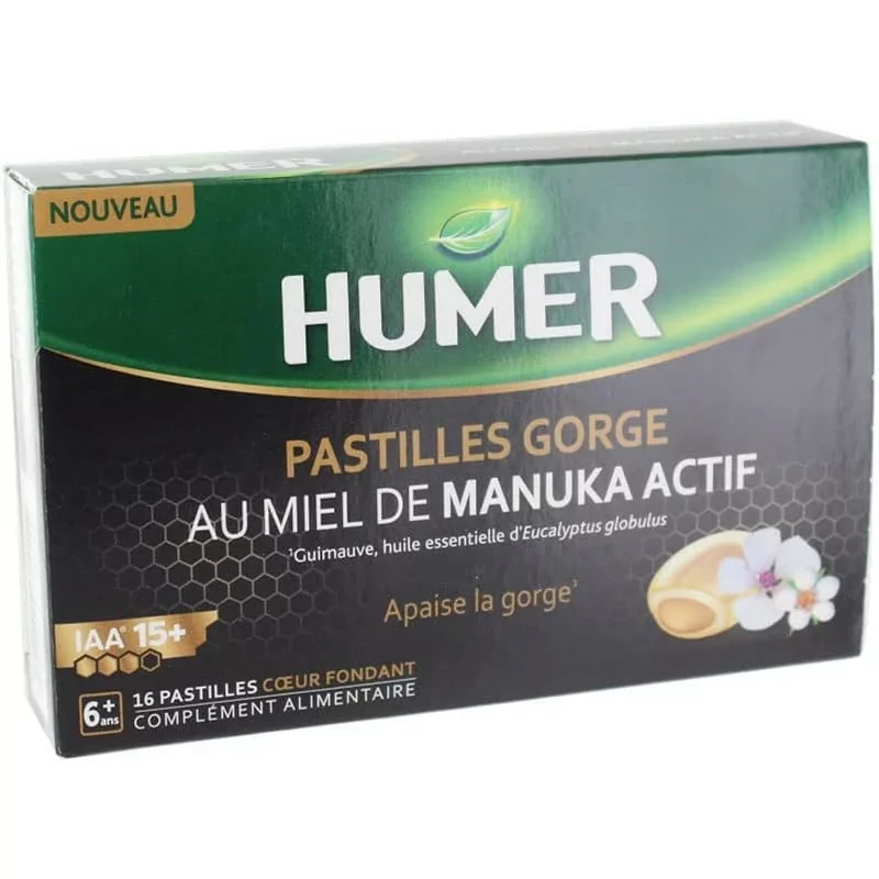 Humer Pastilles Gorge au Miel de Manuka Actif IAA 15+ 16 Pastilles