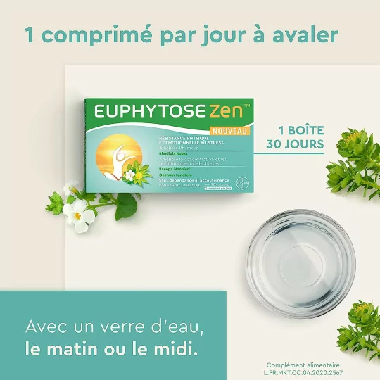 EuphytoseZen Complément Alimentaire, Stress, nervosité, difficultés de concentration, 3 pack de 30 Comprimés