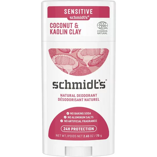 SCHMIDT'S Déodorant Stick Peaux Sensibles Kaolin + Noix de Coco, 100 Pour cent d'Origne Naturelle, Efficacité 24h, 58 ml, 75 