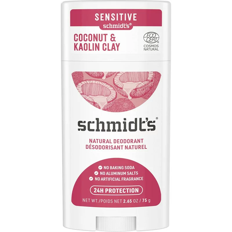 SCHMIDT'S Déodorant Stick Peaux Sensibles Kaolin + Noix de Coco, 100 Pour cent d'Origne Naturelle, Efficacité 24h, 58 ml, 75 