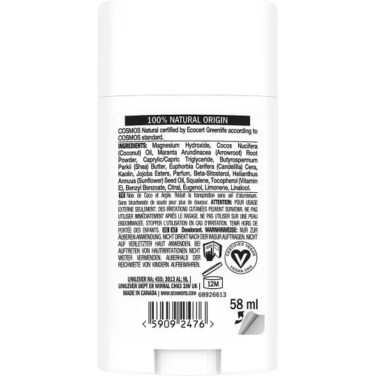 SCHMIDT'S Déodorant Stick Peaux Sensibles Kaolin + Noix de Coco, 100 Pour cent d'Origne Naturelle, Efficacité 24h, 58 ml, 75 