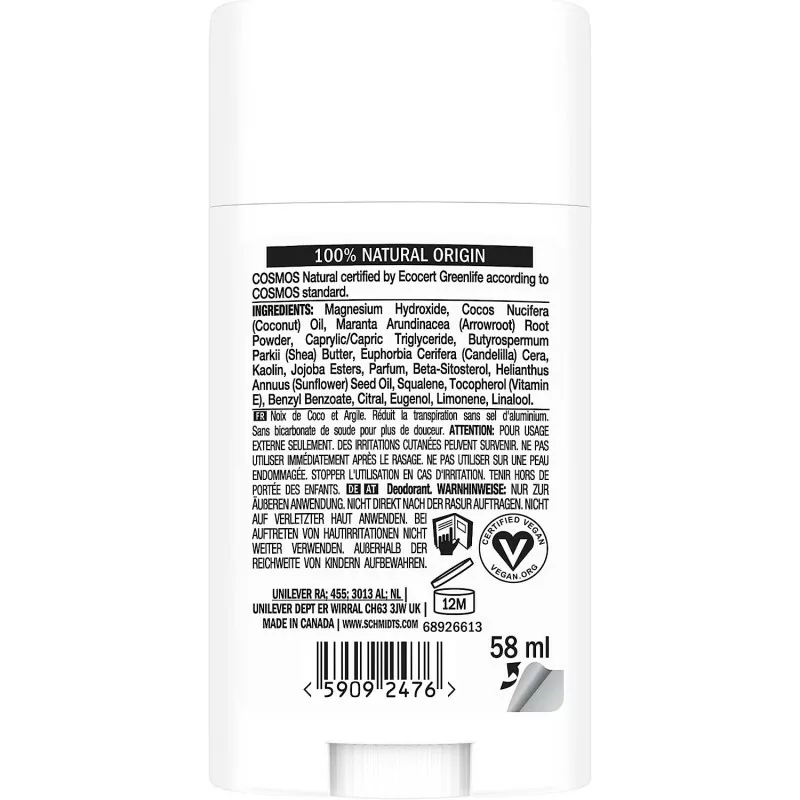 SCHMIDT'S Déodorant Stick Peaux Sensibles Kaolin + Noix de Coco, 100 Pour cent d'Origne Naturelle, Efficacité 24h, 58 ml, 75 