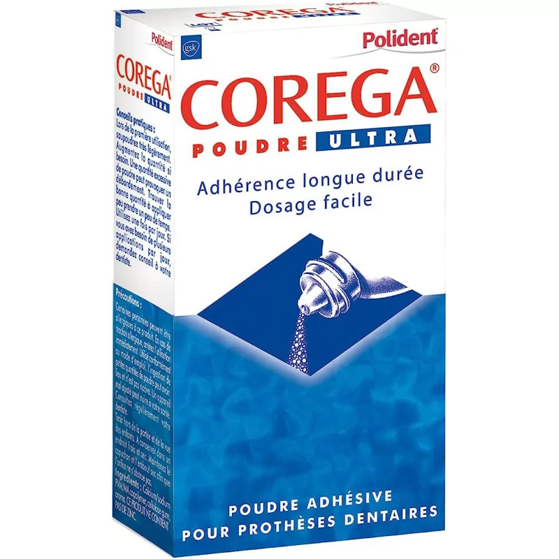 Polident Corega Poudre Ultra Adhésive, Pour Prothèses Dentaires Partielles ou Complètes, Fixation Toute La Journée, 40g