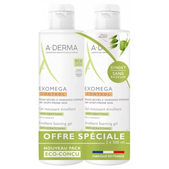 A-derma Exomega Gel Moussant Émollient Anti-Grattage Lot de 2 x 500 ml